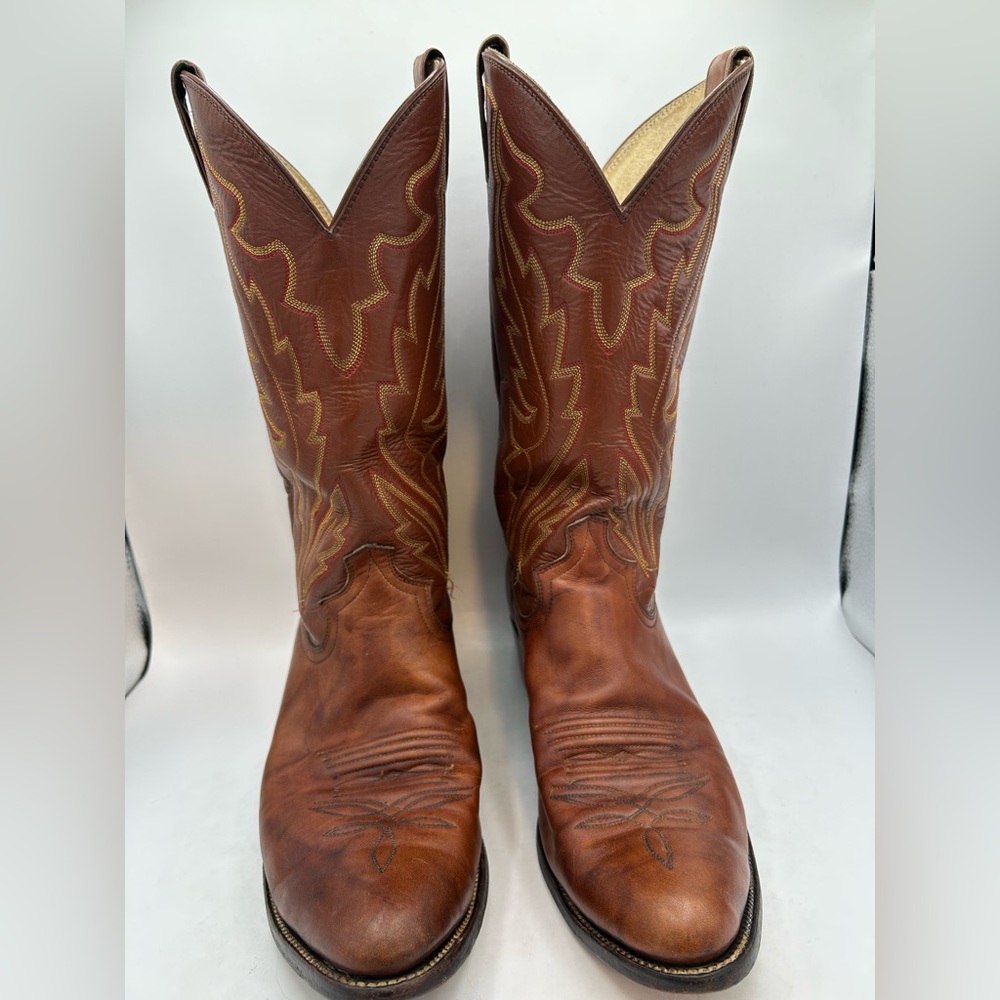 VINTAGE Diamond J JUSTIN Western Cowboy Brown Leather Boots WM’S Size US 12.5 - Picture 6 of 14
